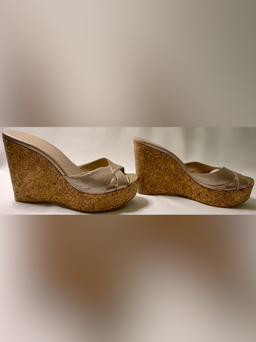 Jimmy Choo Metallic Rose Gold Leather Cork Wedge Sandals Size 38.5 - Picture 5 of 13